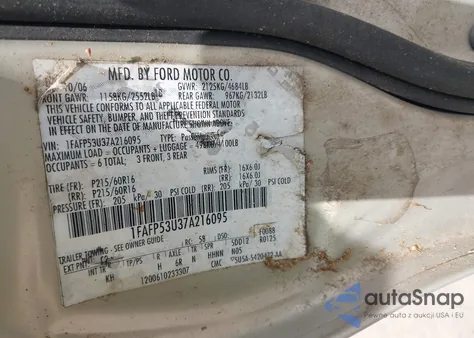 2007 Ford Taurus Se from USA, damaged, VIN 1FAFP53U37A216095